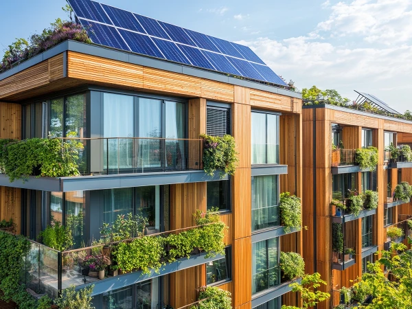 Moderne Wohngebäude mit Holzfassade und großen Fenstern, die mit Pflanzen und Balkonen geschmückt sind. Auf dem Dach befinden sich Solarpanels und es ist ein klarer Himmel im Hintergrund zu sehen.