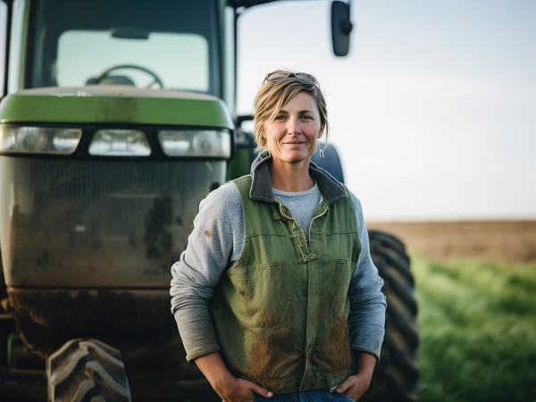 Eine landwirtschaftliche Fachkraft steht mit lässigem Lächeln vor einem Traktor, auf dem Boden sind Erde und Schmutz sichtbar, was auf die landwirtschaftliche Arbeit hindeutet.
