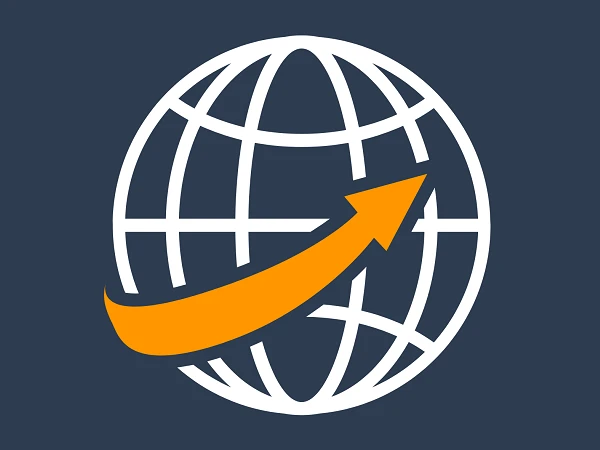 Eine grafische Darstellung eines stilisierten globusförmigen Netzwerks mit einem orangefarbenen, nach oben zeigenden Pfeil, der Wachstum oder Fortschritt symbolisiert.