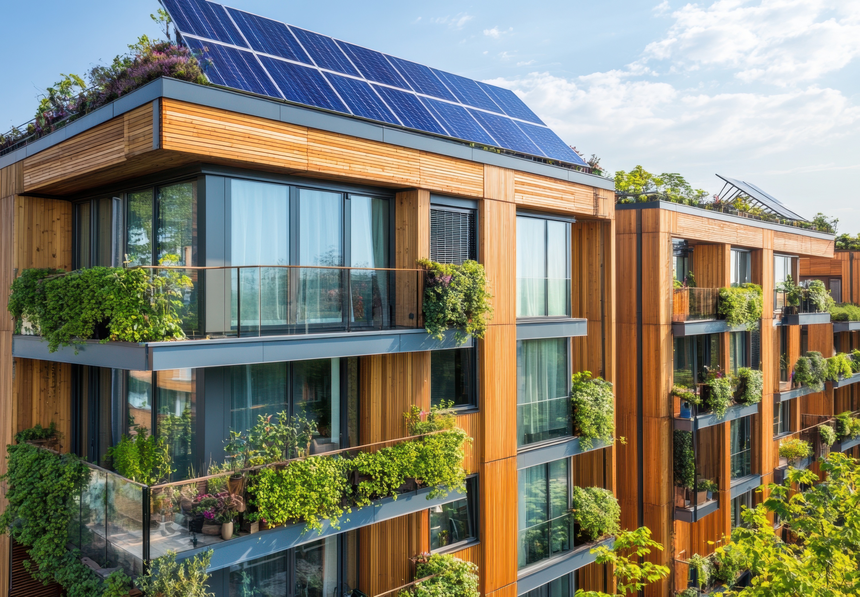 Moderne Wohngebäude mit Holzfassade und großen Fenstern, die mit Pflanzen und Balkonen geschmückt sind. Auf dem Dach befinden sich Solarpanels und es ist ein klarer Himmel im Hintergrund zu sehen.
