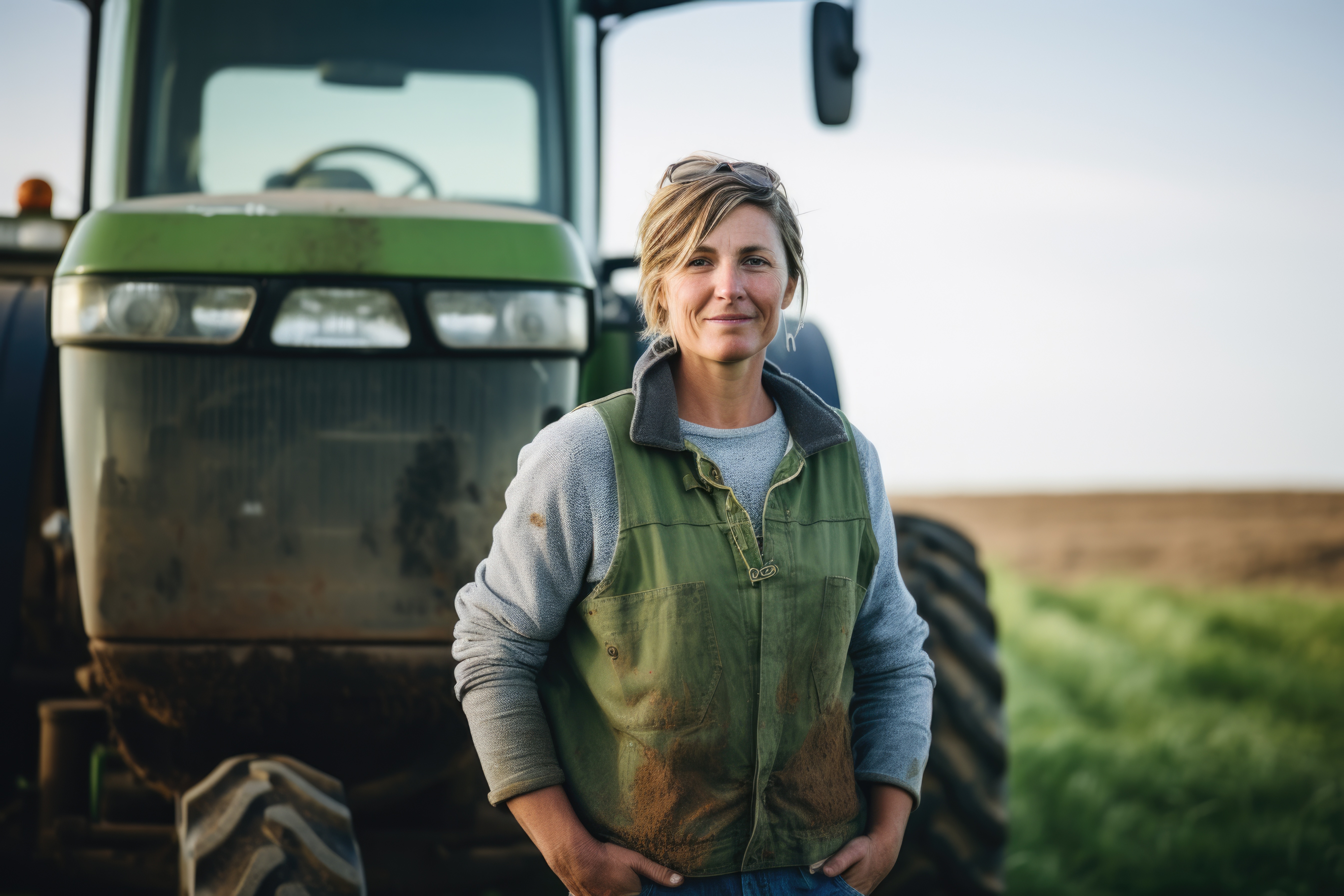 Eine landwirtschaftliche Fachkraft steht mit lässigem Lächeln vor einem Traktor, auf dem Boden sind Erde und Schmutz sichtbar, was auf die landwirtschaftliche Arbeit hindeutet.